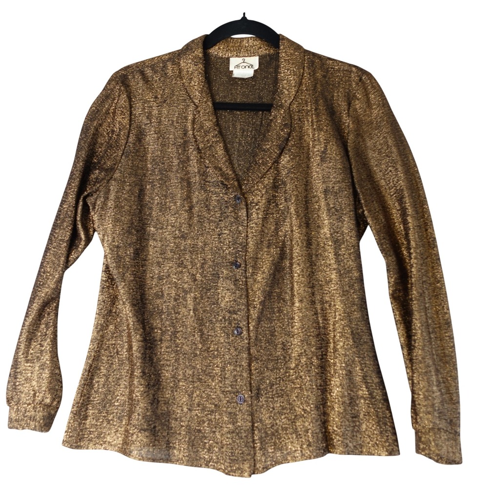 Vintage 70s Disco Shirt Womens M‎ Gold Metallic Shimmer Retro Glam Button Up Top